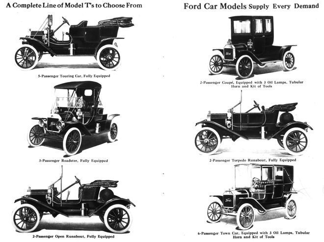 Ford Model T (1908-1927) имел большое количество заводских модификаций. Народные умельцы мастерили из «Тэшки» даже передвижные церквушки. Но в наше время Ford T показался бы, мягко говоря, странноватым. Автомобиль с 20-сильным четырехцилиндровым мотором имел ножное управление планетарной коробкой передач. На полу располагались три педали: левая отвечала за передний ход, средняя включала задний, а правая активировала трансмиссионный тормоз. Из-за того, что подача топлива в двигатель осуществлялась самотеком, штурмовать любые горки приходилось задним ходом, в противном случае машина глохла. Благо, хоть руль устанавливался круглый. Варианты Ford Model T.